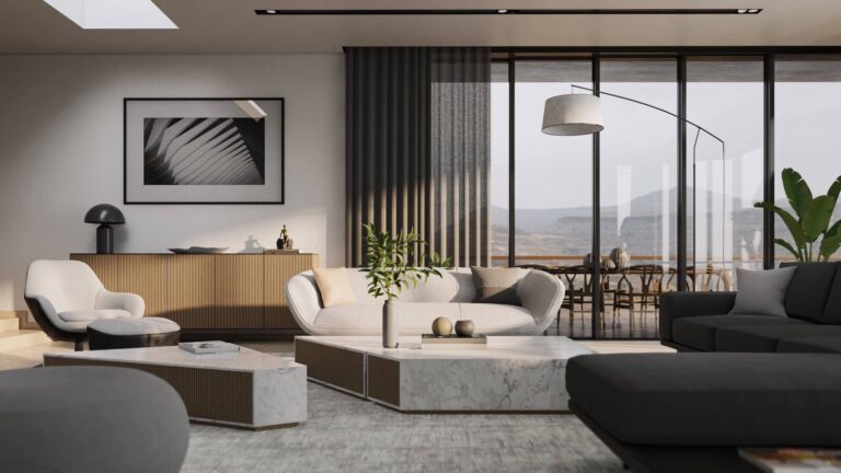 Photorealistic render of a living room using Enscape 3D.